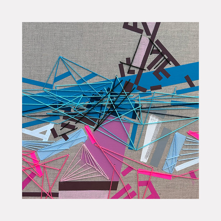 The artwork 'Ojjaaas' by Philippe Halaburda features dynamic geometric intersections of vibrant blue and pink lines creating an abstract composition on gray canvas. Angular shapes and linear elements merge with black accents, incorporating yarn textures and tape elements in a contemporary mixed media style. 20x20 inches acrylic artwork by Philippe Halaburda.