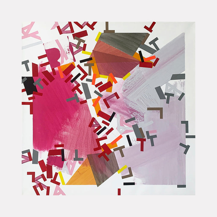 The artwork 'Ojy Nepponn' by Philippe Halaburda features a dynamic abstract composition with geometric fragments scattered across the canvas. A bold magenta burst dominates the center, surrounded by angular shapes in grey, orange, and pink tones. Black angular elements create a rhythmic pattern throughout, while tape elements add textural depth to this 30x30 inch acrylic painting by Philippe Halaburda.