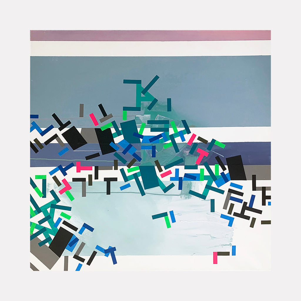 The artwork 'Oolffovva' by Philippe Halaburda features a dynamic composition of geometric shapes scattered across a serene sky-blue background. Angular fragments in vibrant teal, electric blue, neon pink, and black create a wave-like pattern, suggesting movement and energy. The 30x30 inch acrylic and tape canvas combines minimalist elements with bold color contrasts and precise linear forms. By Philippe Halaburda.