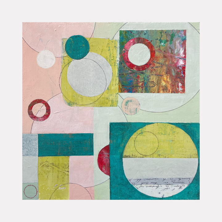 The artwork 'Opposite Attraction' by Giliane Bader features abstract geometric composition with circular forms in teal, pink, yellow, and white. Mixed media on birch panel displays textured layers with circular motifs balanced against rectangular blocks, creating a modern, playful arrangement with cold wax finish enhancing depth and luminosity. By Giliane Bader.