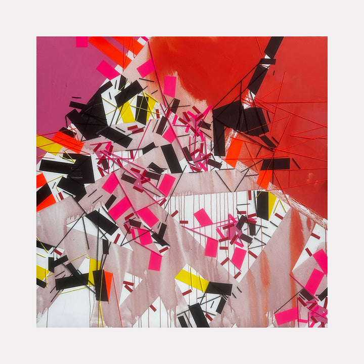The artwork 'Paajjdo' by Philippe Halaburda features dynamic abstract geometric shapes in vibrant pink, black, yellow, and red. Fragmented rectangular forms create an explosive composition against a gradient background, with sharp angular lines and dripping paint effects, showcasing a contemporary mixed media approach. 48x48 inches by Philippe Halaburda.