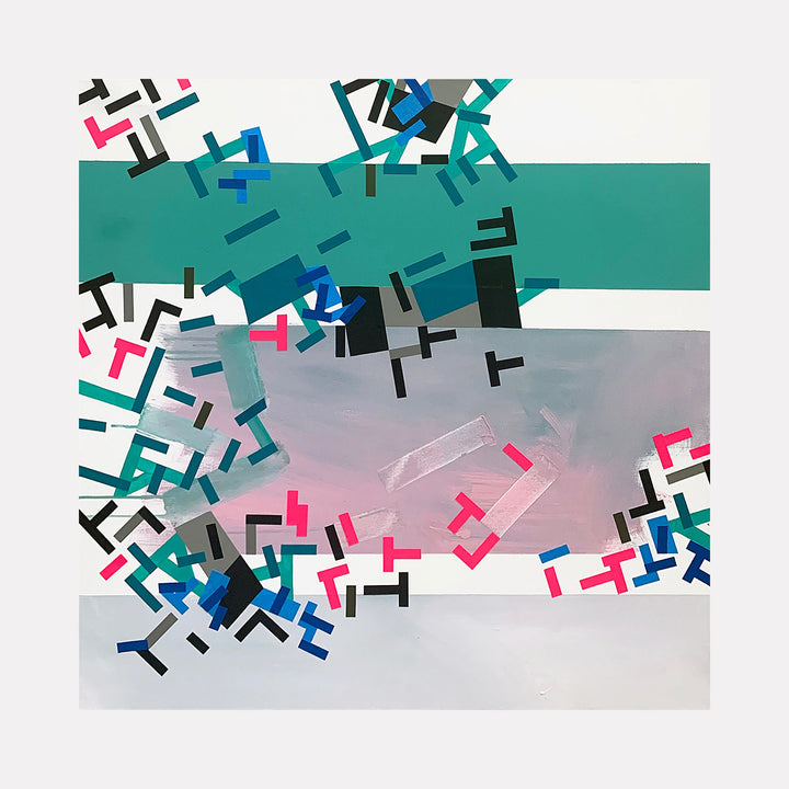 The artwork 'Paariqqe' by Philippe Halaburda features an abstract geometric composition with scattered angular shapes in pink, black, teal, and blue against a gradient background. A bold turquoise horizontal band intersects the canvas, creating distinct zones with transparent tape elements and fragmented forms suggesting dynamic movement across the 30x30 inch acrylic painting. By Philippe Halaburda.