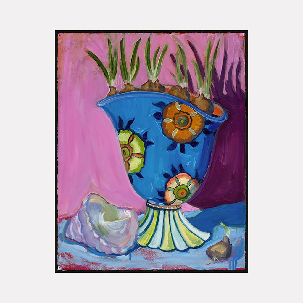 The artwork 'Paperwhites' by Cristi Lyon features a vibrant blue decorative vase with ornate shell motifs in orange and green, set against a bold pink background. Green paperwhite bulbs sprout from the top of the vase, while its base features a distinctive striped pedestal design. The oil painting showcases whimsical, expressive brushstrokes and rich color contrasts.