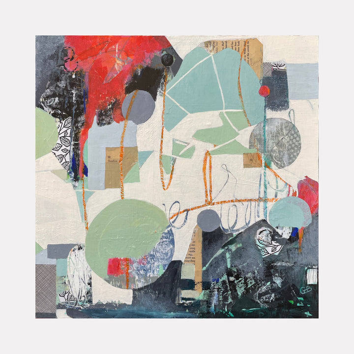 The artwork 'Pendulum' by Giliane Bader features an abstract composition with intersecting geometric shapes and circular forms in mint green, vibrant red, and charcoal grey. Textured mixed media elements create dynamic movement through sweeping lines and layered collage effects on a cradled birch panel, finished with cold wax for added depth. 16x16 inches by Giliane Bader.