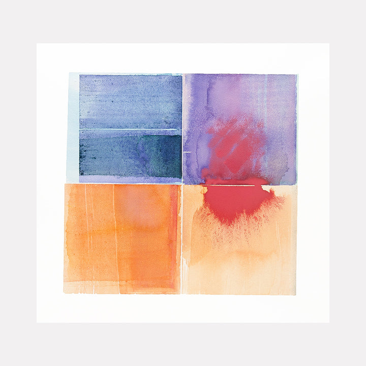 The artwork 'Penumbra' by Ken Schiano features a minimalist square composition divided into four equal sections. The upper half displays deep blue and purple watercolor washes with a vibrant red splash, while the lower half shows warm peach and orange gradients. The watercolor technique creates subtle color transitions and ethereal textures across the 21x22 inch paper surface.