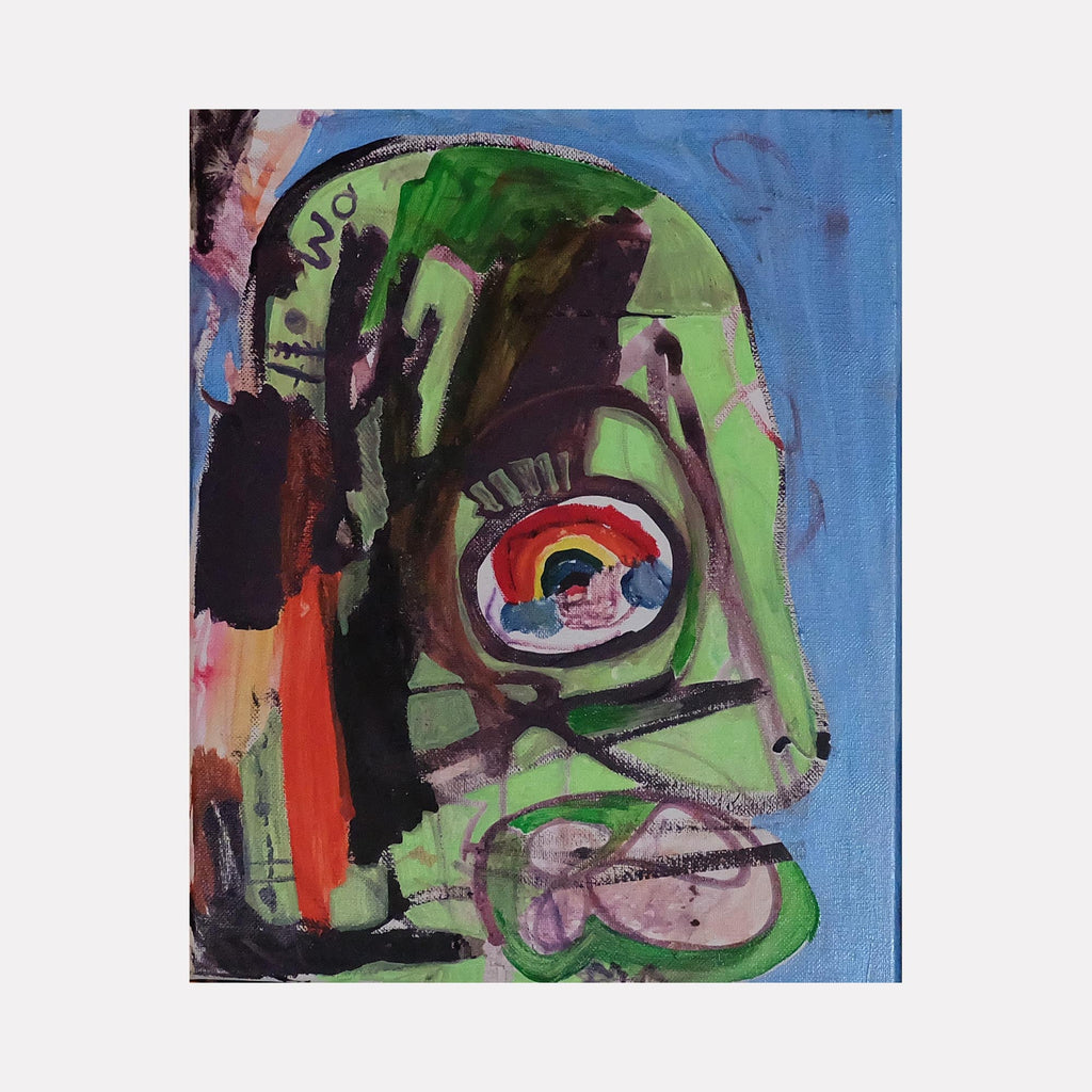 The artwork 'Pia Posse Mask' by Devin Ruiz features an abstract mask-like form rendered in vibrant green and black strokes against a bright blue background. The expressionistic piece incorporates bold red accents and circular motifs, with dynamic brushwork creating a raw, emotional quality on canvas. The painting combines fluid lines and sharp contrasts to form an abstract interpretation of a face.