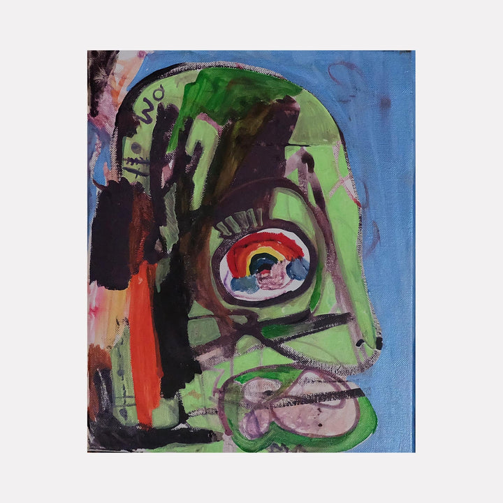 The artwork 'Pia Posse Mask' by Devin Ruiz features an abstract mask-like form rendered in vibrant green and black strokes against a bright blue background. The expressionistic piece incorporates bold red accents and circular motifs, with dynamic brushwork creating a raw, emotional quality on canvas. The painting combines fluid lines and sharp contrasts to form an abstract interpretation of a face.