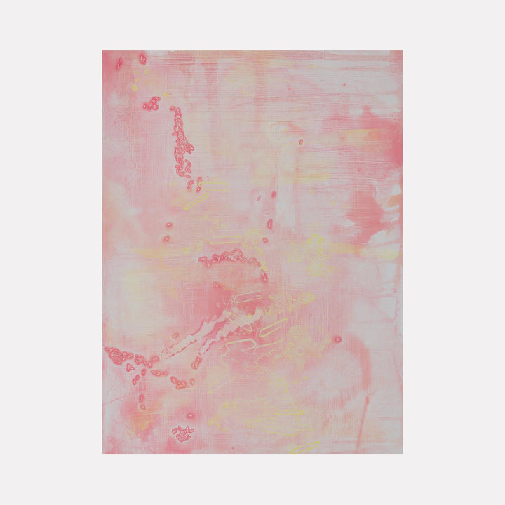 The artwork 'Pink Haze 1' by Lisa Petker Mintz features ethereal washes of soft pink and cream tones with delicate textural elements. Abstract organic forms float across the composition, creating a dreamy, atmospheric effect. The acrylic on board painting showcases fluid brushwork and subtle color transitions, measuring 24x18 inches.