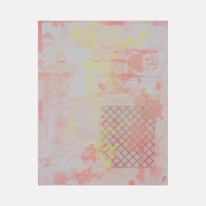 The artwork 'Pink Haze 2' by Lisa Petker Mintz features a delicate abstract composition with a latticed geometric pattern in soft pink tones, accented by subtle yellow highlights. The 10x8 inch acrylic painting on board combines dreamy watercolor-like textures with structured crosshatch elements, creating an ethereal atmospheric effect in pastel hues. By Lisa Petker Mintz.