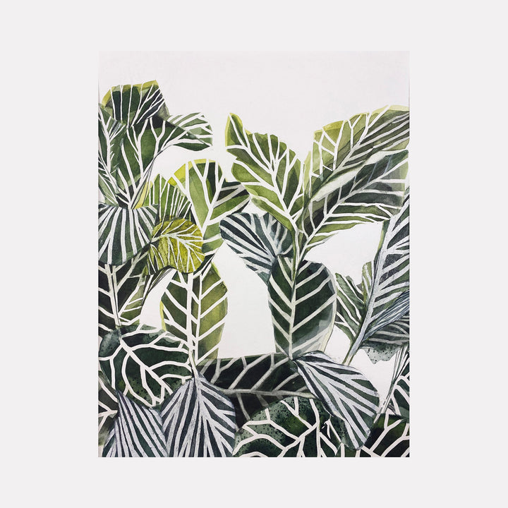 The artwork 'Plant Life II' by Rachel Kohn features a striking botanical watercolor illustration of overlapping tropical leaves in various shades of green and gray. The detailed linework in ink highlights the intricate vein patterns of each leaf, creating a layered, geometric composition against a white background. The contemporary botanical style combines precise detail with artistic fluidity.