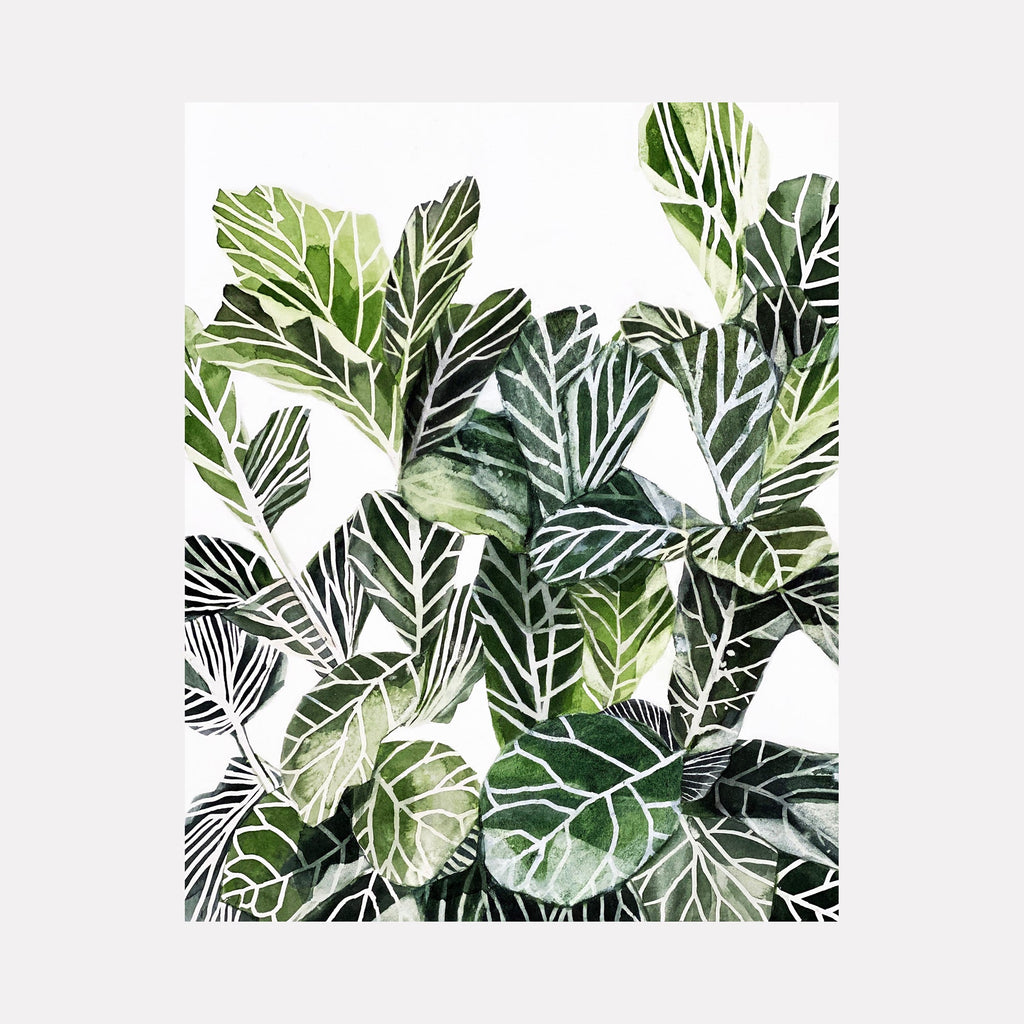 The artwork 'Plant Life' by Rachel Kohn features a vibrant watercolor and ink illustration of overlapping tropical leaves in varying shades of green. The leaves display intricate vein patterns and geometric shapes, creating a lush, botanical composition against a white background. The detailed linework enhances the natural texture and movement of the foliage.