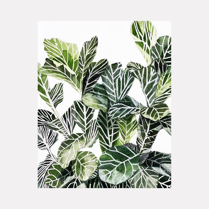 The artwork 'Plant Life' by Rachel Kohn features a vibrant watercolor and ink illustration of overlapping tropical leaves in varying shades of green. The leaves display intricate vein patterns and geometric shapes, creating a lush, botanical composition against a white background. The detailed linework enhances the natural texture and movement of the foliage.