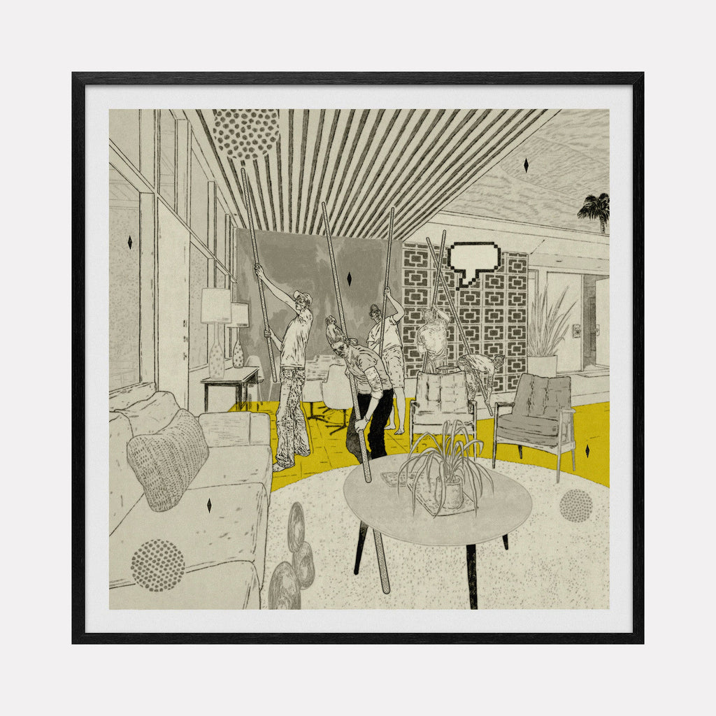 Pool Party 1 artwork features retro-style living room illustration with geometric patterns, yellow accents, and modernist furniture by Steve Moors