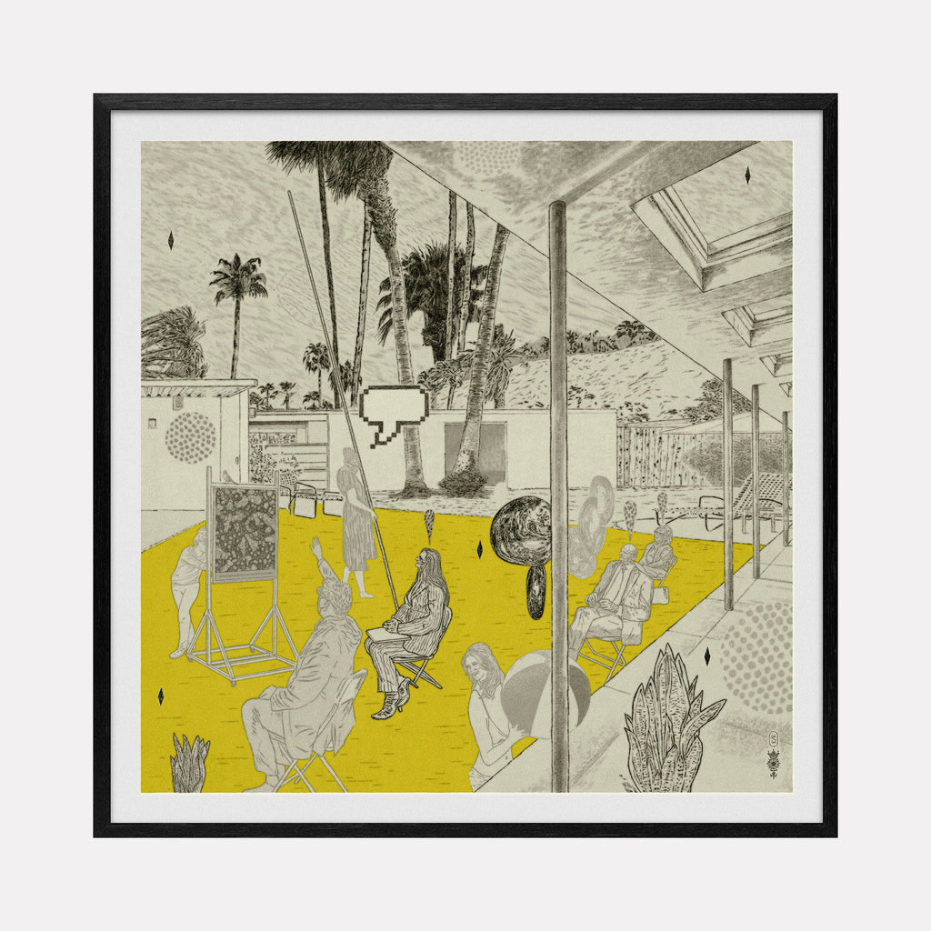 Pool Party 3 by Steve Moors depicts figures lounging in a modern space with palm trees, sketched in grayscale against a vibrant yellow floor, framed art
