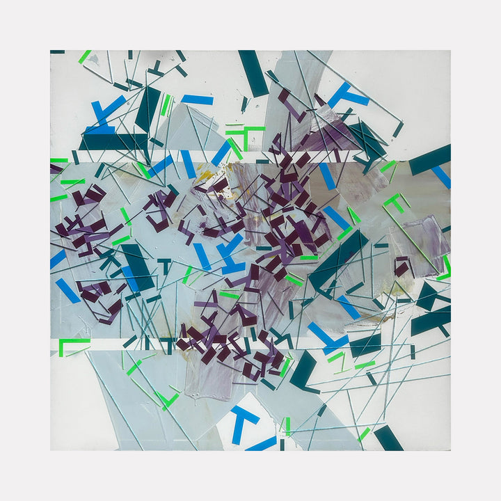 The artwork 'Ppharfeetchd self released' by Philippe Halaburda features a dynamic abstract composition of scattered geometric shapes in teal, blue, green, and purple against a light background. Angular fragments and linear elements create a sense of explosive movement radiating outward from the center in a mixed media technique. By Philippe Halaburda.