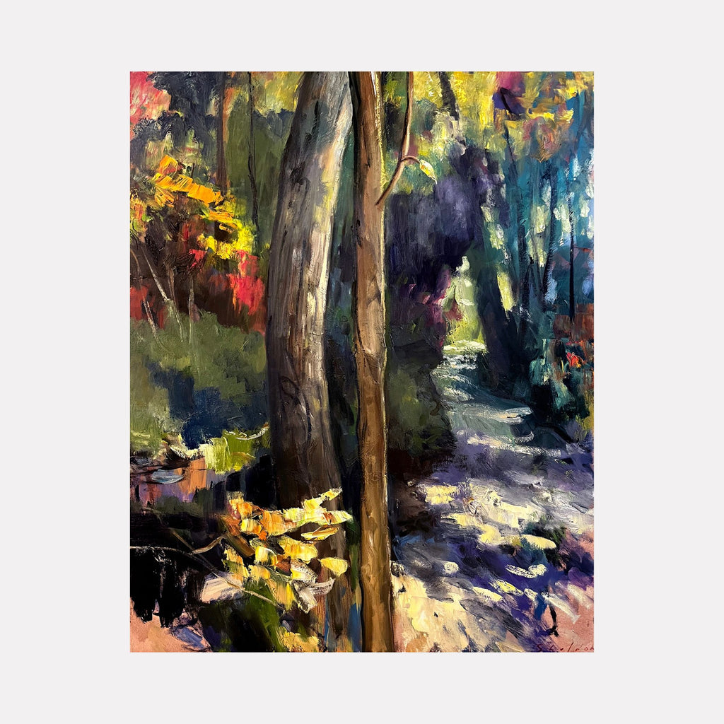 Present, Passage by David Quentin Sheldon depicts a luminous wooded scene with tall tree trunks in the foreground and a winding, sunlit path leading into a vibrant blend of deep greens, purples, and warm reds. The composition balances natural textures and expressive brushstrokes, inviting a contemplative journey through a rich, atmospheric landscape.