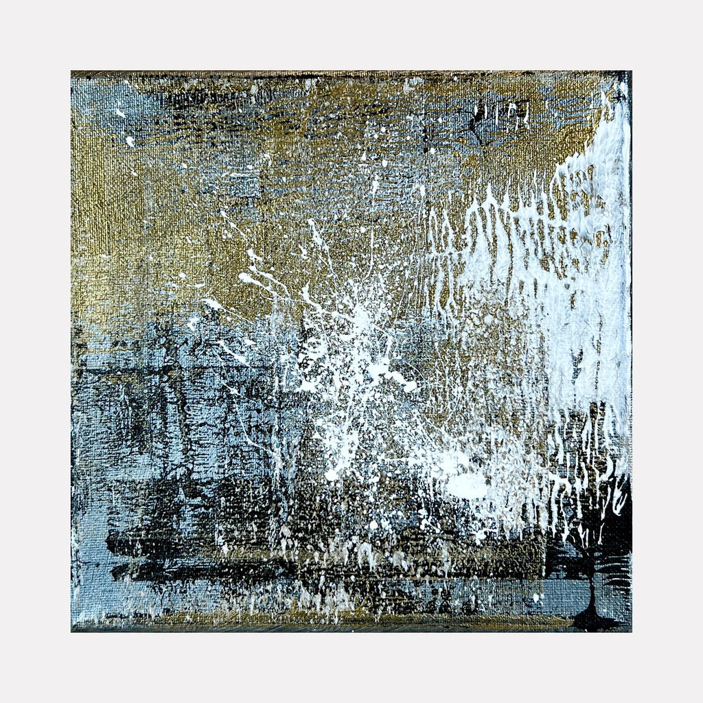 The artwork 'Rapture 1' by Bill Burns features a striking abstract composition with textured metallic acrylic on canvas. Dynamic splashes of ice blue and antique gold create a weathered, distressed surface, reminiscent of aged metal or frost patterns. The 8x8 inch piece showcases dramatic contrasts between light and dark elements, with organic dripping effects and textural variations by Bill Burns.
