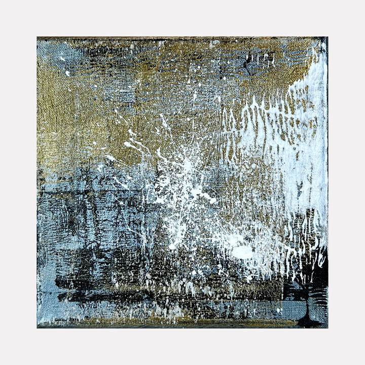 The artwork 'Rapture 1' by Bill Burns features a striking abstract composition with textured metallic acrylic on canvas. Dynamic splashes of ice blue and antique gold create a weathered, distressed surface, reminiscent of aged metal or frost patterns. The 8x8 inch piece showcases dramatic contrasts between light and dark elements, with organic dripping effects and textural variations by Bill Burns.