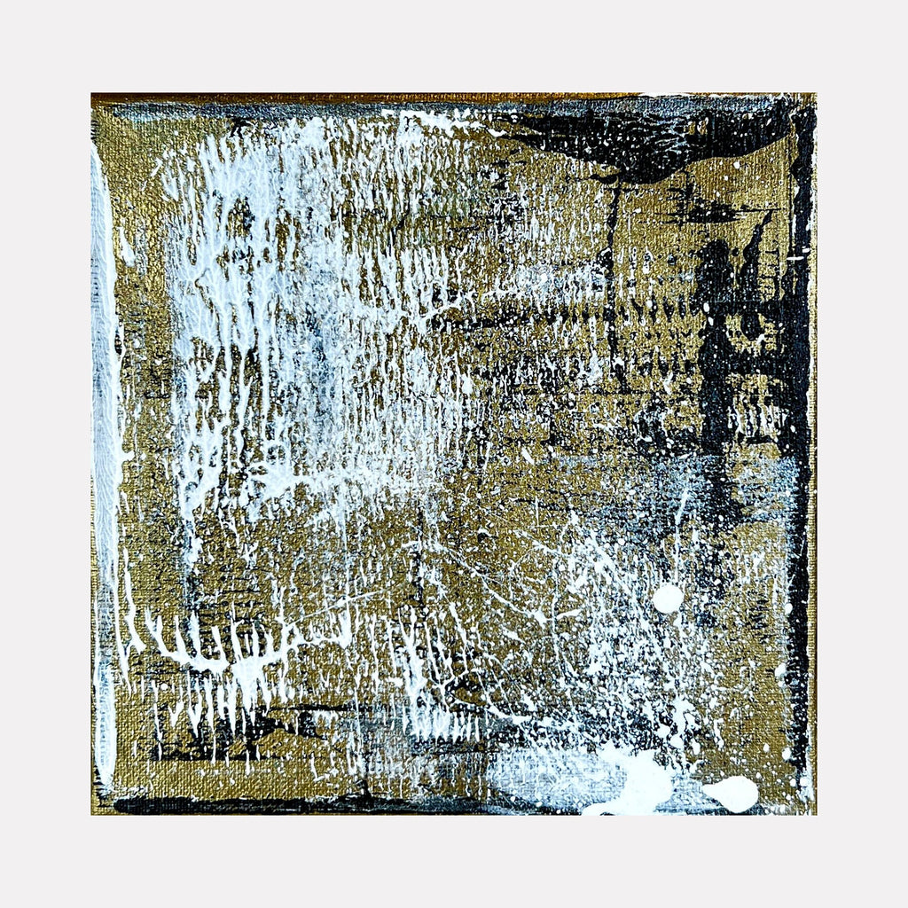 The artwork 'Rapture 2' by Bill Burns features a textural abstract composition with metallic acrylic on canvas. Vertical streaks of white and gold create a weathered, distressed effect against a dark background, suggesting an aged or eroded surface. The 8x8 inch piece exhibits a dynamic interplay of light and shadow with a contemporary industrial aesthetic.
