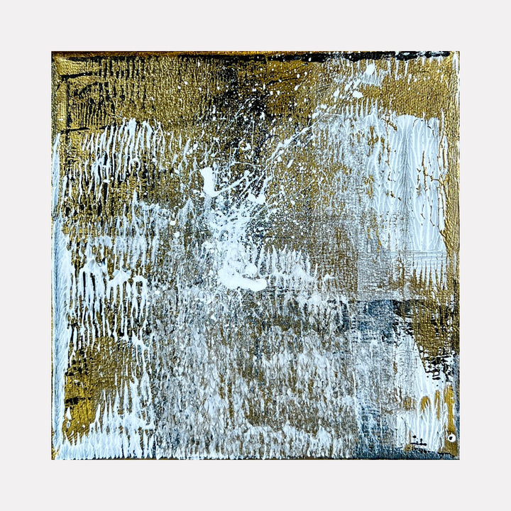 The artwork 'Rapture 3' by Bill Burns features a textured abstract composition with metallic gold and silver acrylic paint on canvas. Dynamic vertical brushstrokes create a weathered effect, blending lustrous metallic tones with white and grey hues in an 8x8 inch format, suggesting movement and ethereal depth by Bill Burns