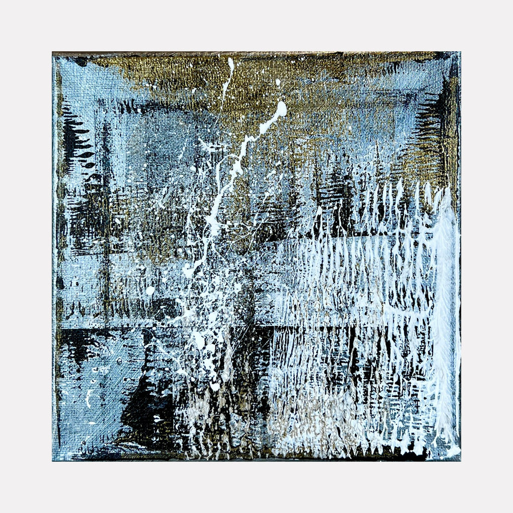 The artwork 'Rapture 4' by Bill Burns features abstract textural elements in metallic acrylic on canvas. A striking composition of ice-blue and bronzed tones creates a weathered, dimensional effect. Vertical streaks and organic patterns evoke a sense of natural erosion, while a prominent white streak bisects the square canvas diagonally, creating dynamic movement across the 8x8 inch surface.
