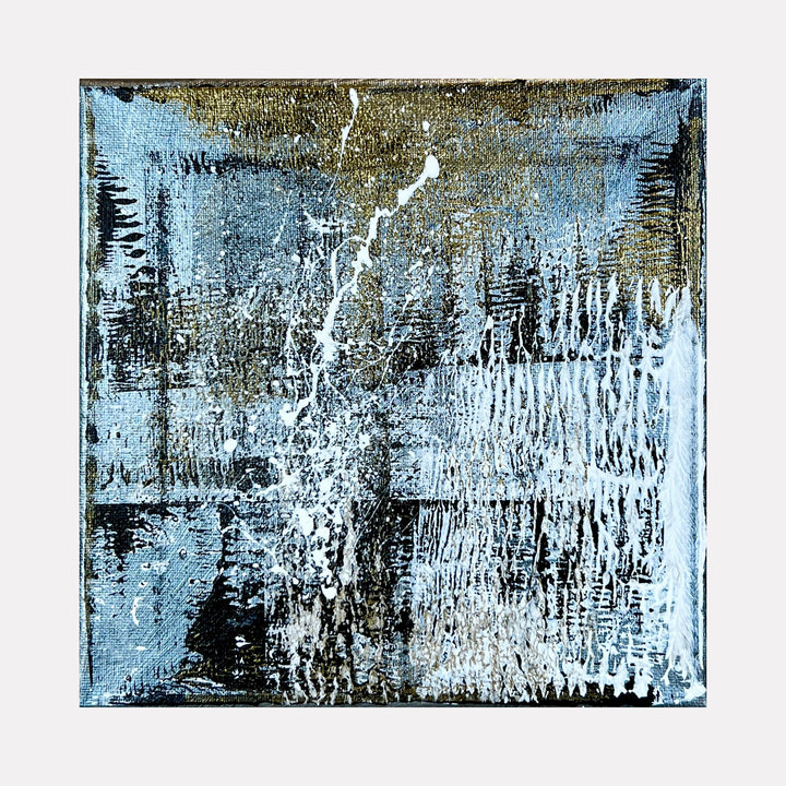 The artwork 'Rapture 4' by Bill Burns features abstract textural elements in metallic acrylic on canvas. A striking composition of ice-blue and bronzed tones creates a weathered, dimensional effect. Vertical streaks and organic patterns evoke a sense of natural erosion, while a prominent white streak bisects the square canvas diagonally, creating dynamic movement across the 8x8 inch surface.