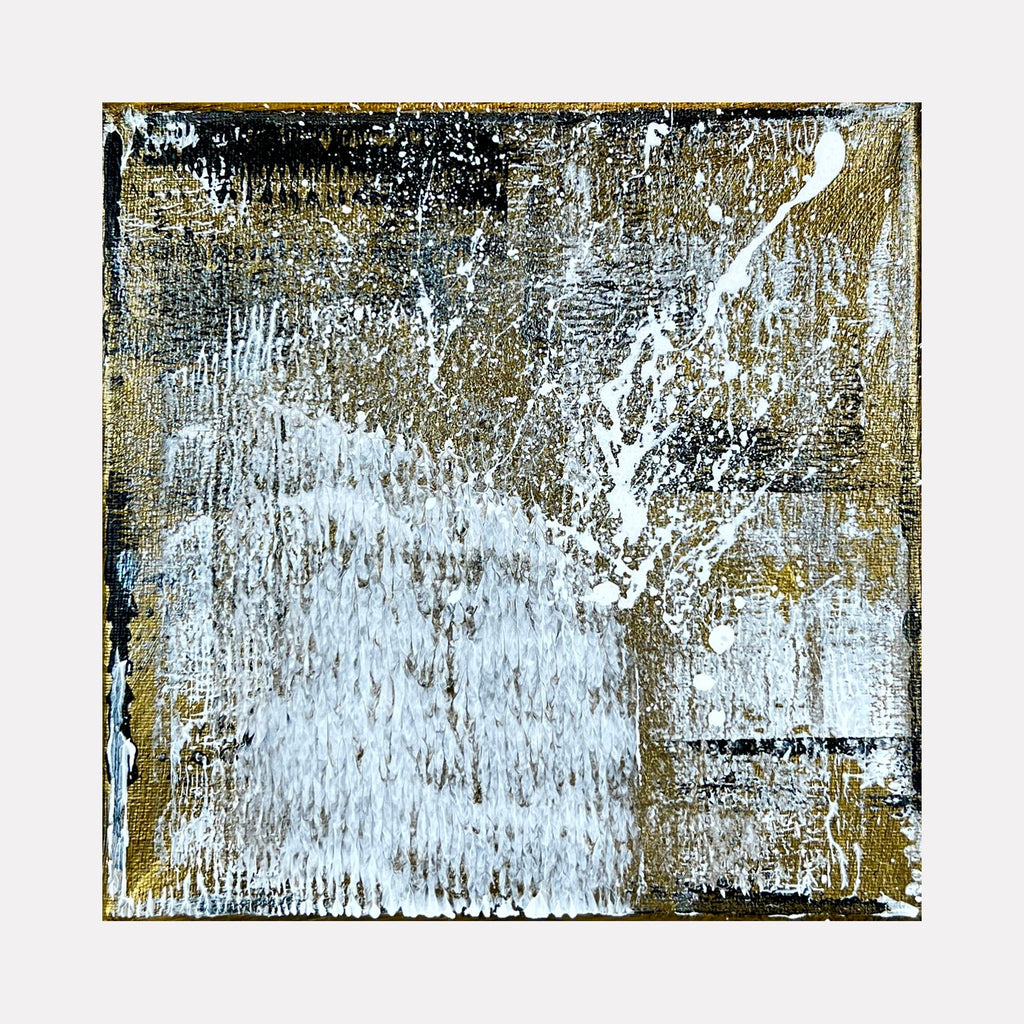 The artwork 'Rapture 5' by Bill Burns features an abstract expressionist composition with textured metallic acrylic on canvas. Dynamic brushstrokes create a weathered appearance, blending white and gold tones in a distressed pattern. The 8x8 inch piece showcases a layered technique with rough, vertical streaks and organic textures reminiscent of aged surfaces.