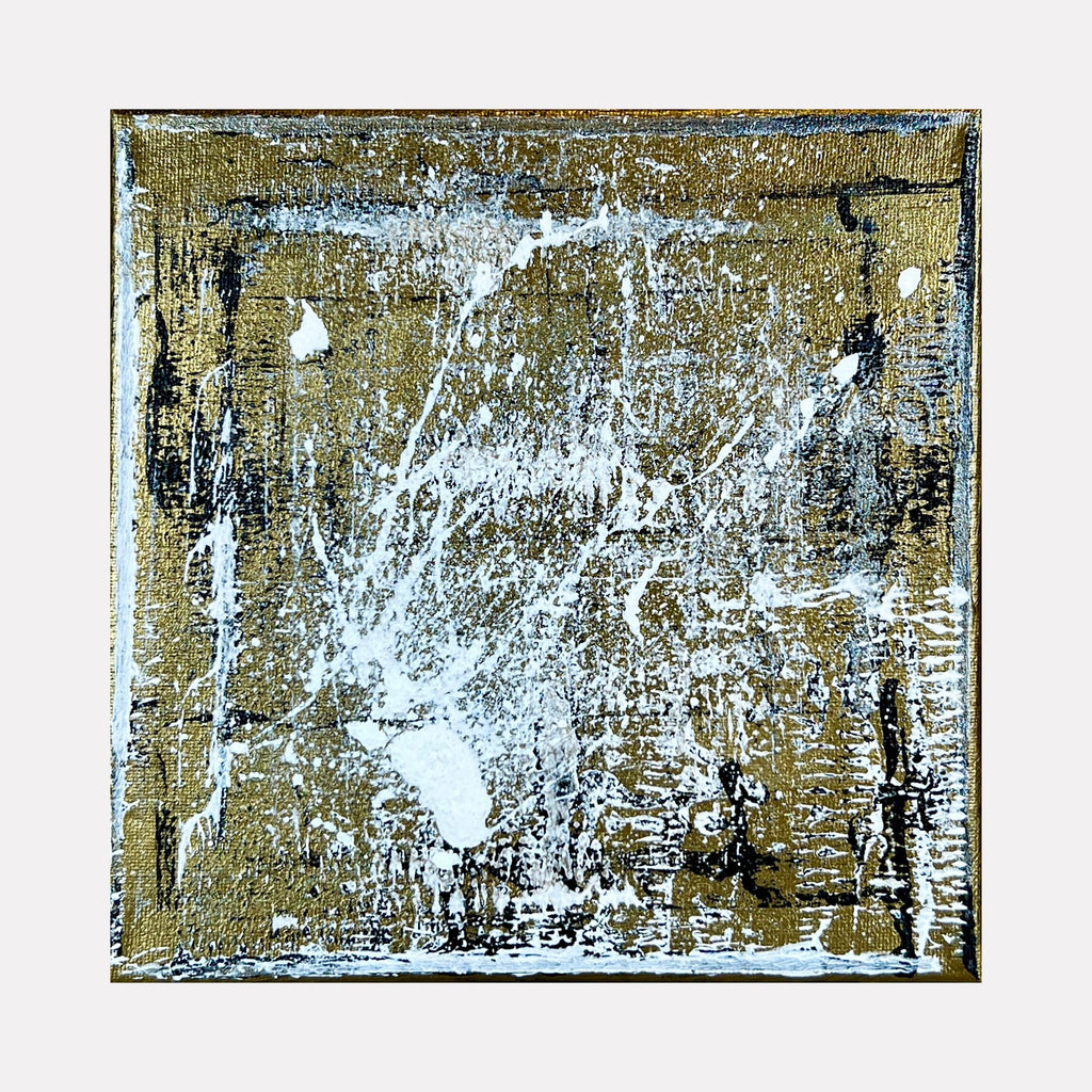 The artwork 'Rapture 6' by Bill Burns features dynamic splashes of metallic white paint against a rich golden bronze background. The abstract composition showcases energetic brushstrokes and textural elements, creating a sense of explosive movement and depth on the 8x8 inch canvas. The interplay of metallic acrylics produces a striking contrast and dimensional effect.