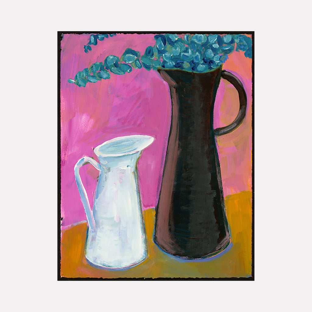 The artwork 'Rapunzel' by Cristi Lyon features two contrasting vessels: a tall black ceramic pitcher with cascading blue eucalyptus stems against a vibrant pink background, paired with a shorter white porcelain pitcher. Oil painting on paper captures bold color blocks and loose brushstrokes, creating a modern still life composition.