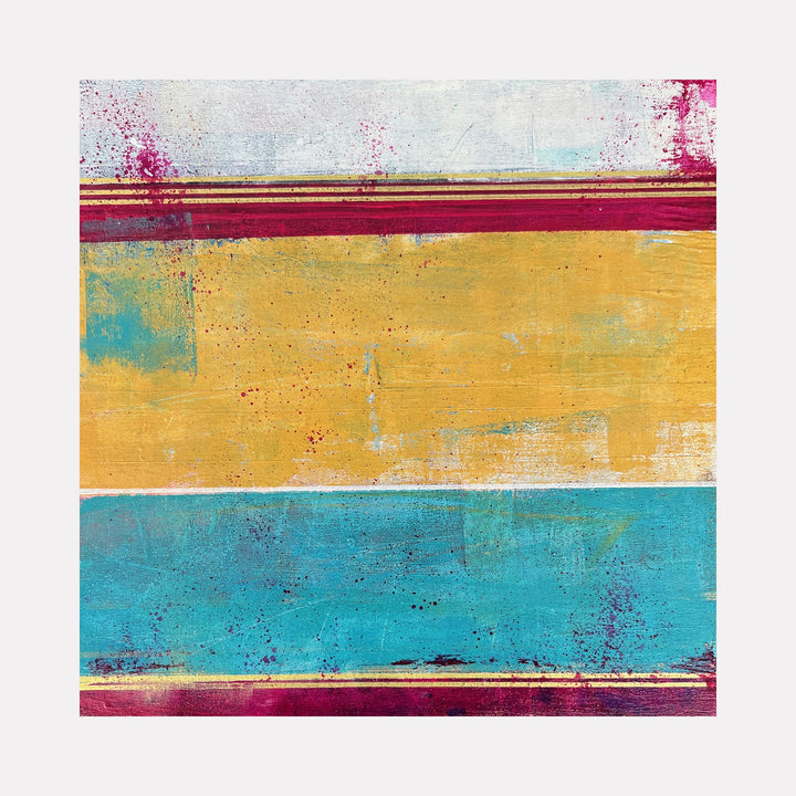 The artwork 'Raw Days' by Karen L. Burns features bold horizontal bands of turquoise blue and golden yellow, bordered by vibrant crimson stripes. Abstract acrylic painting with textured brushwork and paint splatters creates a distressed, weathered effect, evoking a raw, contemporary aesthetic. Subtle white undertones and intentional color bleeding add depth and artistic complexity.