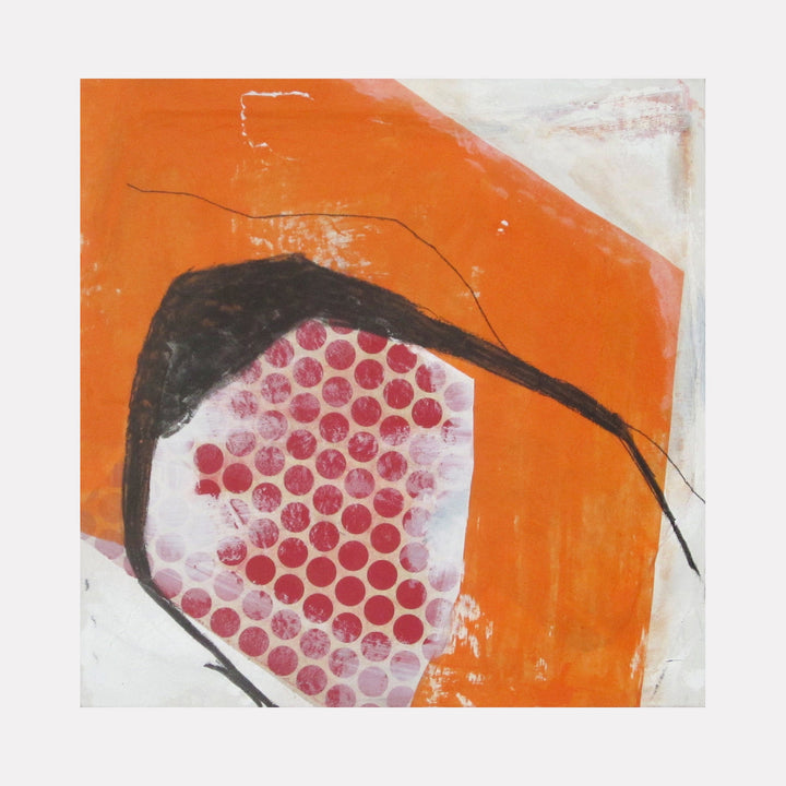 The artwork 'Red Dots with Orange and Black' by Diane Englander features a striking pattern of vibrant red circular dots arranged in a grid-like formation, set against a white background and framed by bold orange and black geometric shapes. Mixed media artwork combining papers, crayon, pencil and acrylic on reused canvas, 20x20 inches. By Diane Englander.
