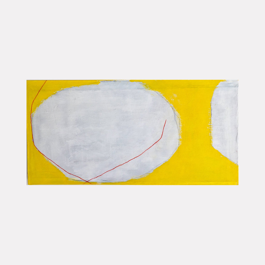 The artwork 'Red Lines on White and Yellow' by Diane Englander features an abstract composition with large organic white oval shapes set against a vibrant yellow background. A delicate red line cuts diagonally across one white form, creating subtle geometric contrast. Mixed media artwork combining papers, pencil and acrylic on canvas.