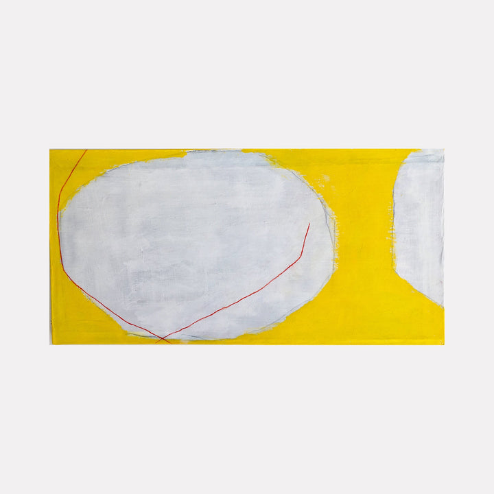 The artwork 'Red Lines on White and Yellow' by Diane Englander features an abstract composition with large organic white oval shapes set against a vibrant yellow background. A delicate red line cuts diagonally across one white form, creating subtle geometric contrast. Mixed media artwork combining papers, pencil and acrylic on canvas.