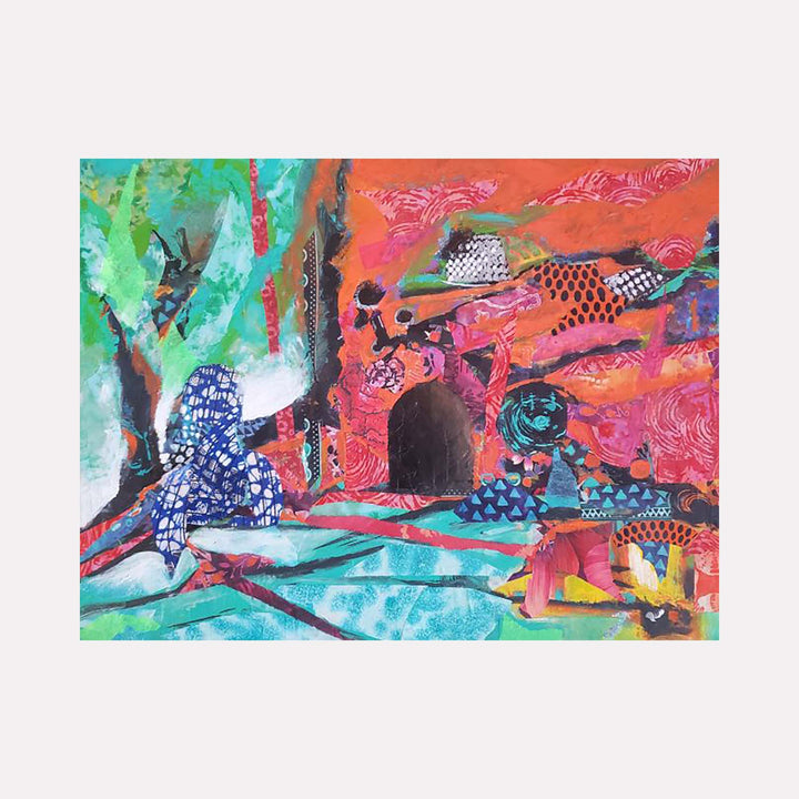 The artwork 'Red Wall' by James Ehling features a vibrant abstract composition blending turquoise and coral tones. Textured patterns of checkered designs and swirling motifs float across the canvas. A dark archway anchors the center, surrounded by organic shapes in mint green and deep blue. Mixed media elements combine acrylic paint and fabric, creating a dynamic 18x24 inch contemporary piece.