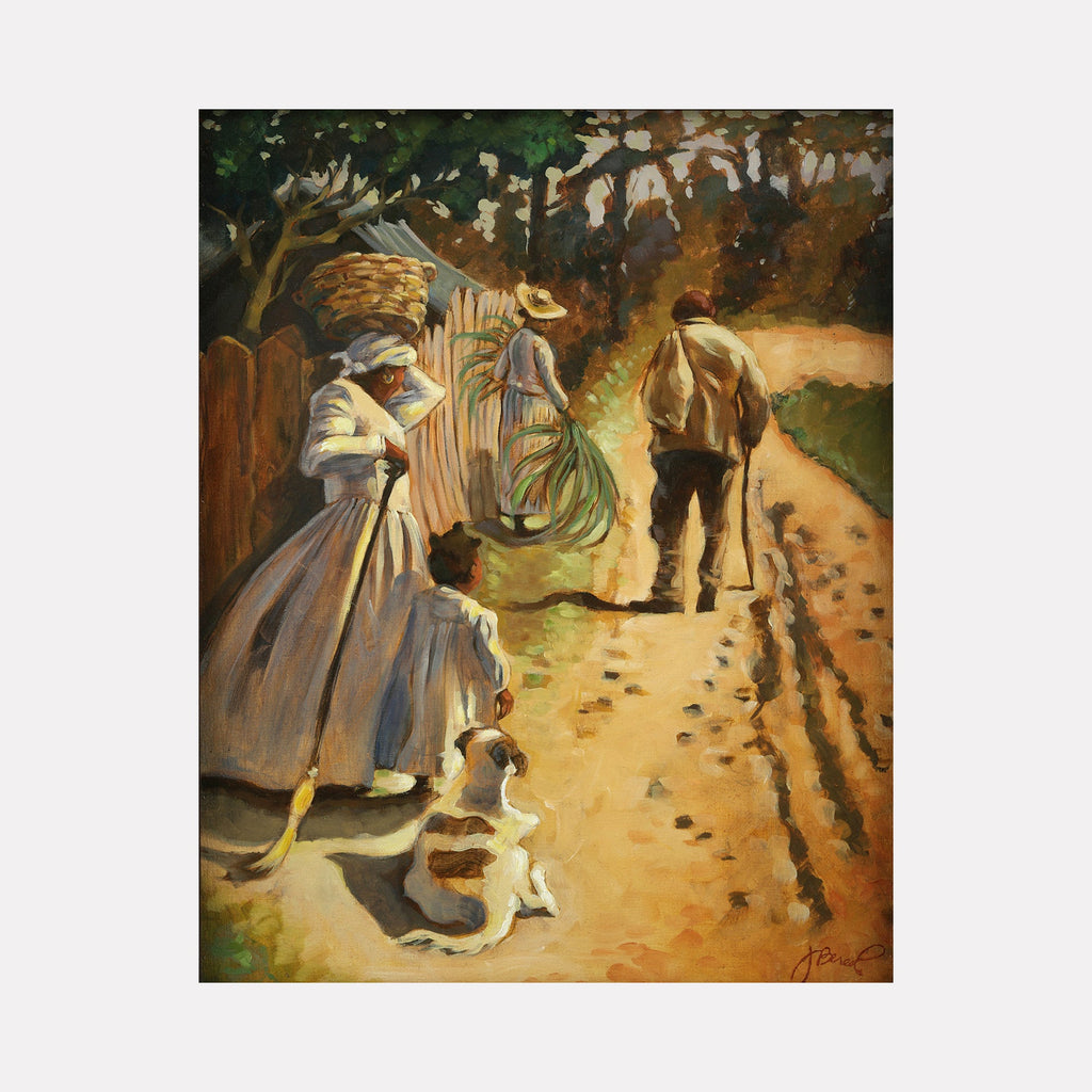 The artwork 'Restoration' by JaeMe Bereal depicts a historical scene on a sunlit dirt path. A person in a flowing grey dress stands with a dog, while another figure in earth-toned clothing walks ahead. Rich browns, greens, and golden hues dominate the oil painting, with dramatic shadows and textured brushstrokes creating depth. Oil on masonite by JaeMe Bereal.