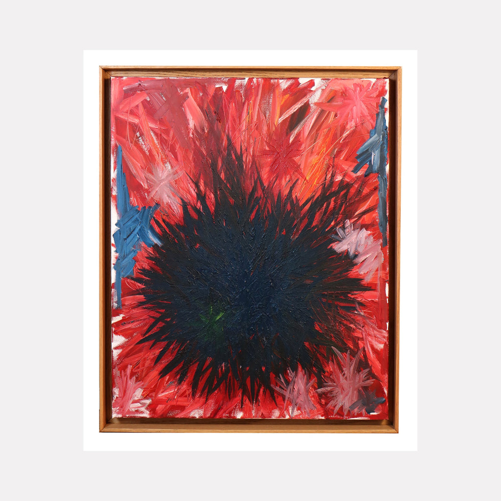 The artwork 'Rising 1' by Bill Burns features a dramatic burst pattern with a deep navy-blue center radiating outward in explosive strokes of vibrant crimson and scarlet. The oil painting's textured brushwork creates a dynamic starburst effect against touches of electric blue, all framed in warm wood, measuring 30 x 24 inches on canvas. By Bill Burns.