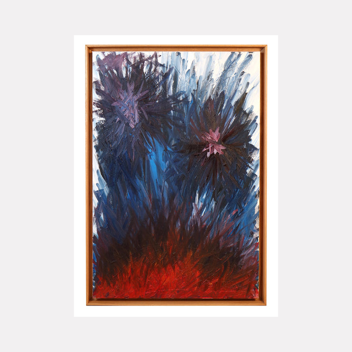 The artwork 'Rising 2' by Bill Burns features dramatic bursts of color, with deep blue and indigo explosions at the top transitioning to intense crimson flames at the bottom. The abstract oil painting showcases dynamic brushstrokes creating a powerful upward movement, with bursting star-like formations against a dark background, framed in warm wood. Oil on canvas, 36x24 inches by Bill Burns.