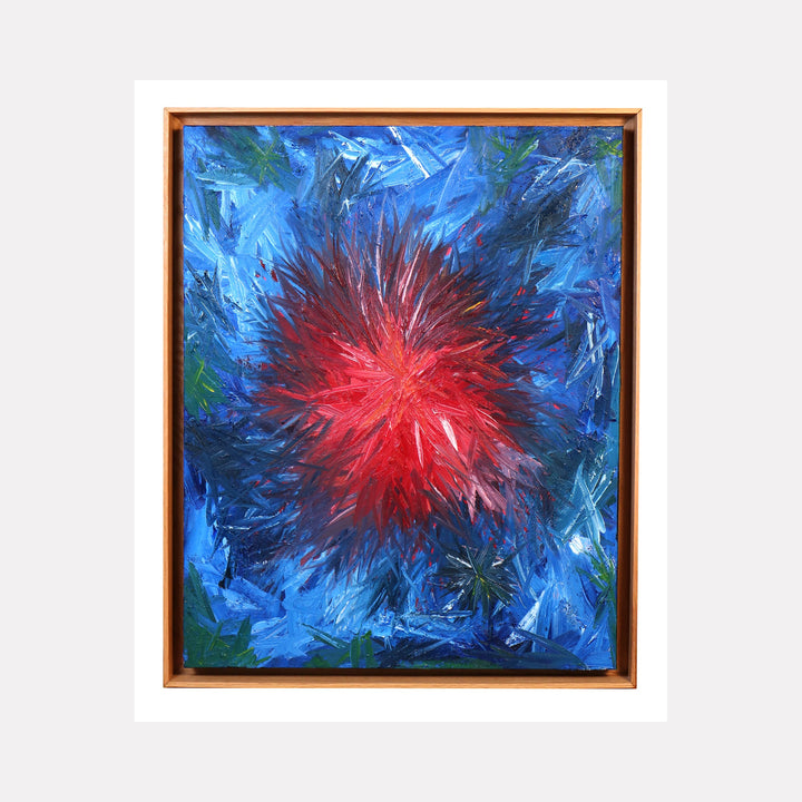 The artwork 'Rising 3' by Bill Burns features a dynamic abstract composition with an explosive red starburst radiating from the center against a vibrant blue background. Bold brushstrokes create a sense of movement and energy, with deep cobalt and turquoise tones swirling around the crimson core. The oil painting's textured surface showcases an expressive contemporary style by Bill Burns.