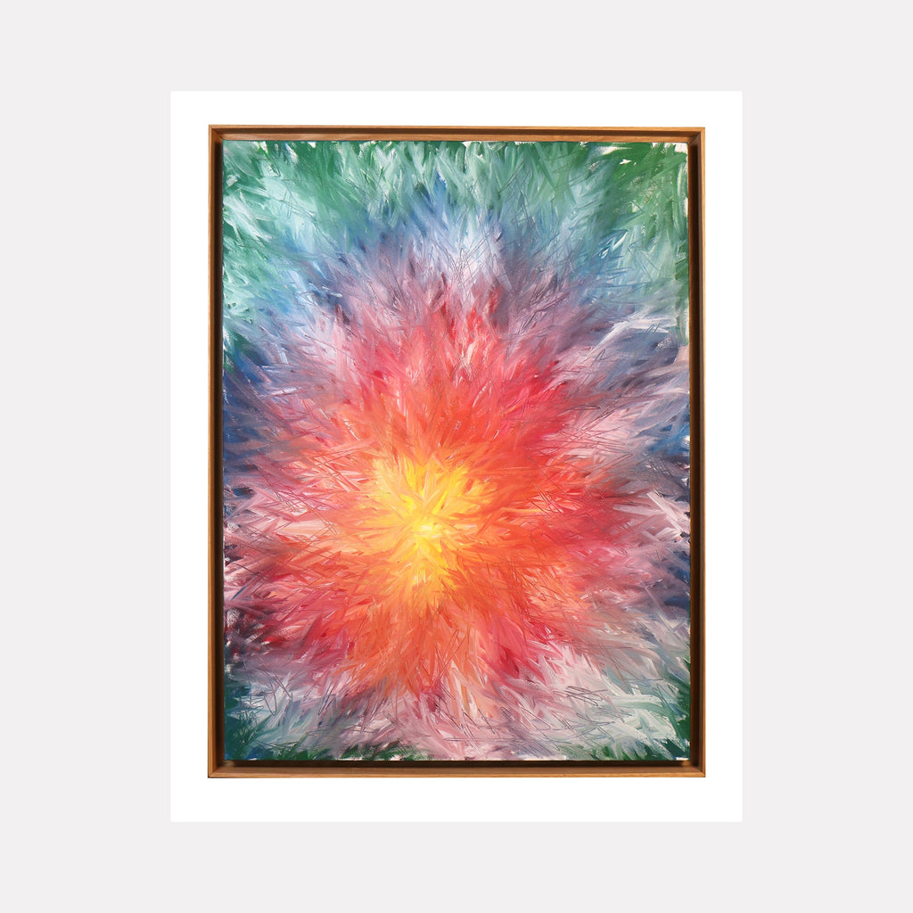 The artwork 'Rising 4' by Bill Burns features a vibrant starburst pattern radiating from a brilliant yellow-orange center, transitioning through warm coral and pink hues to cool turquoise and teal edges. The oil painting creates a dynamic, ethereal effect with feathered brushstrokes suggesting an explosive energy emanating outward on canvas by Bill Burns.