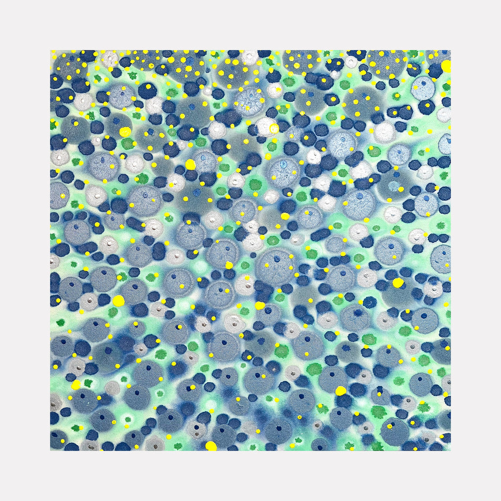 The artwork 'Rising to the Top' features a vibrant abstract composition of floating circular patterns in shades of blue, grey, and yellow against a mint green background. Dynamic dots and spheres create a bubbly, effervescent effect across the 30x30 inch acrylic canvas, suggesting upward movement and aquatic elements. By Eric Jiaju Lee.