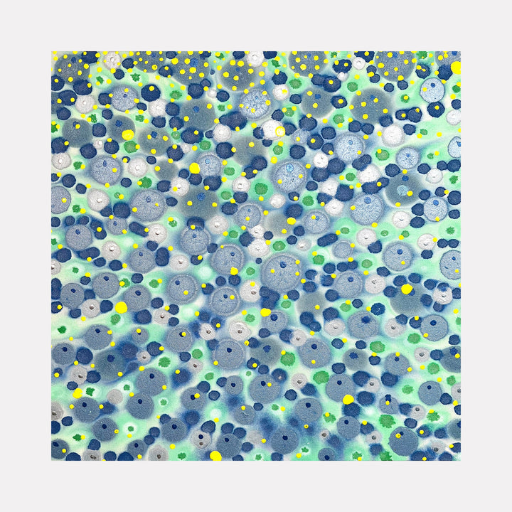 The artwork 'Rising to the Top' features a vibrant abstract composition of floating circular patterns in shades of blue, grey, and yellow against a mint green background. Dynamic dots and spheres create a bubbly, effervescent effect across the 30x30 inch acrylic canvas, suggesting upward movement and aquatic elements. By Eric Jiaju Lee.