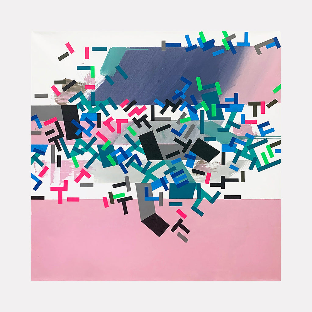 The artwork 'Rose Choiisnne' by Philippe Halaburda features a dynamic composition of geometric shapes in pink, blue, green, and black scattered across a gradient background. Small rectangular forms and angular elements create a burst-like pattern against soft pink and blue tones. The 30x30 inch acrylic and tape on canvas piece showcases a contemporary abstract style with vibrant color blocking.