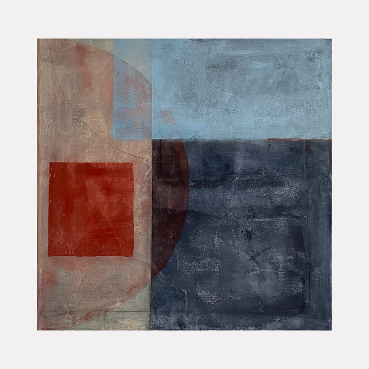 The artwork 'Rust and Blues with Circle' by Diane Englander features an abstract geometric composition with a vibrant rust-red square against muted gray and blue backdrop. A subtle circular form intersects the composition, creating depth through translucent layers. Mixed media artwork combining paper, pencil and acrylic on reused canvas, showcasing textural elements and minimalist design.