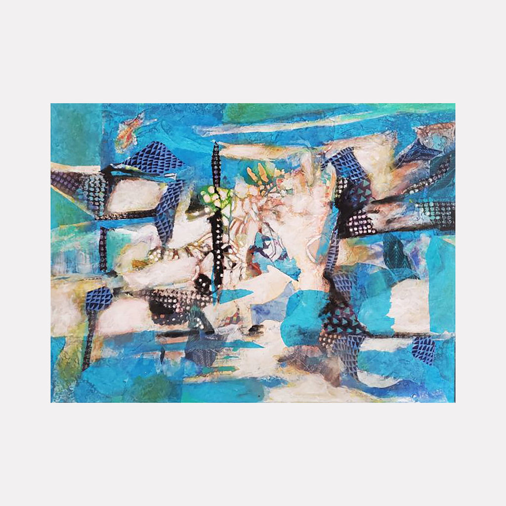 The artwork 'Sea Cliff' by James Ehling features an abstract mixed-media composition combining acrylic paint and fabric elements. Bold turquoise and azure blues dominate the piece, intersected by cream-colored geometric shapes and textured navy grid patterns. The dynamic 18x24 inch artwork evokes coastal imagery through its flowing forms and maritime color palette.