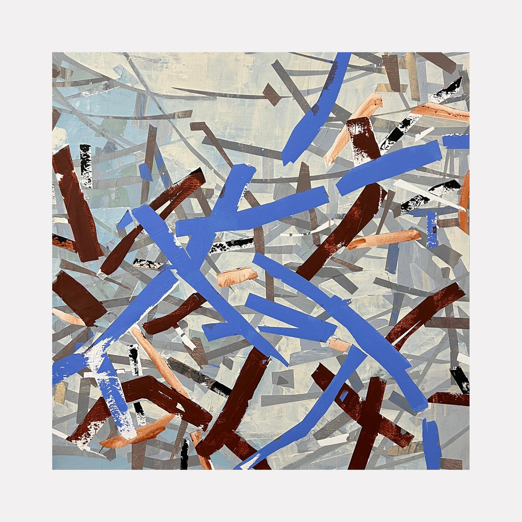 The artwork 'Sea and Land' by Shira Toren features an abstract composition of intersecting shapes with vibrant blue strokes representing water elements contrasting with earth-toned brown brushstrokes on a light gray background. Created using Venetian plaster and pigments on canvas, the 36x36 inch piece showcases a dynamic interplay of textural elements by Shira Toren.