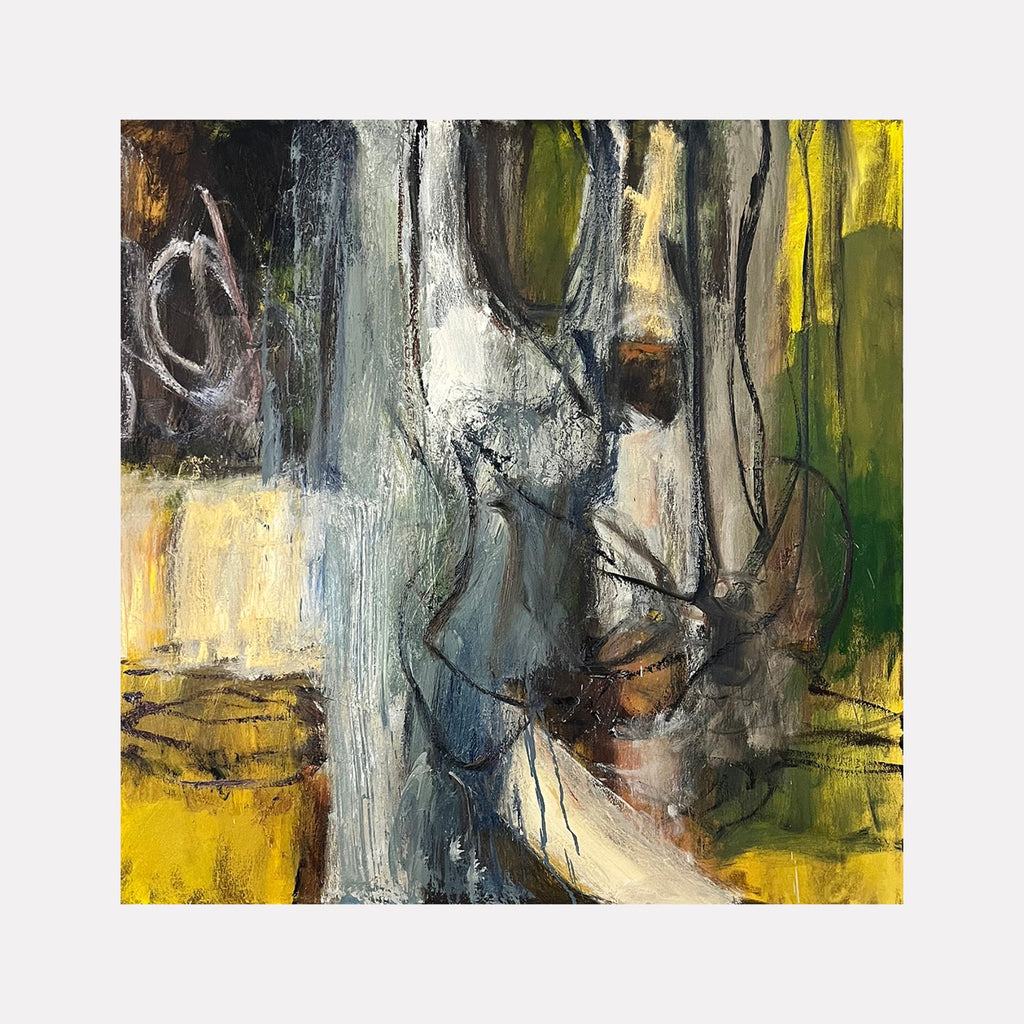 Seated Figure by David Quentin Sheldon depicts an abstract composition centered on fluid, intertwined forms outlined with expressive black lines. Earthy tones of ochre, olive green, gray, and white merge with textured brushwork, creating a contemplative atmosphere that suggests depth and emotional complexity through layered color and organic shapes.