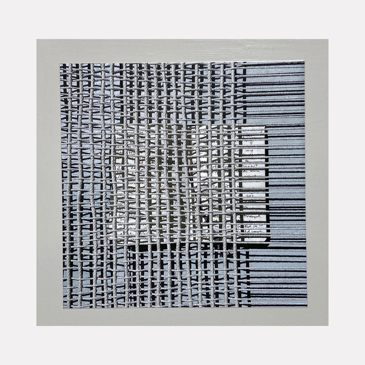 The artwork 'Sentence Structure String 2' by Anne Sherwood Pundyk features abstract black linear patterns arranged in vertical columns against a light background, creating a barcode-like geometric composition. The stark contrast and repetitive elements form a rhythmic visual pattern on archival inkjet print mounted on wood panel.
