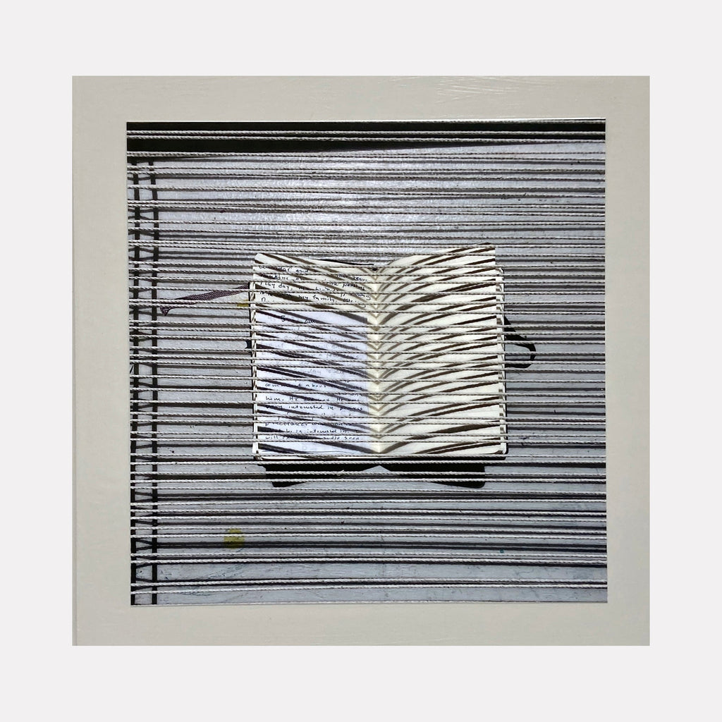 Sentence Structure String 4 by Anne Sherwood Pundyk features a monochromatic composition with parallel horizontal lines interrupted by a central chevron pattern resembling an open book. The archival inkjet print combines stark black and white contrasts on bright paper, mounted on wood panel with a minimalist geometric design.