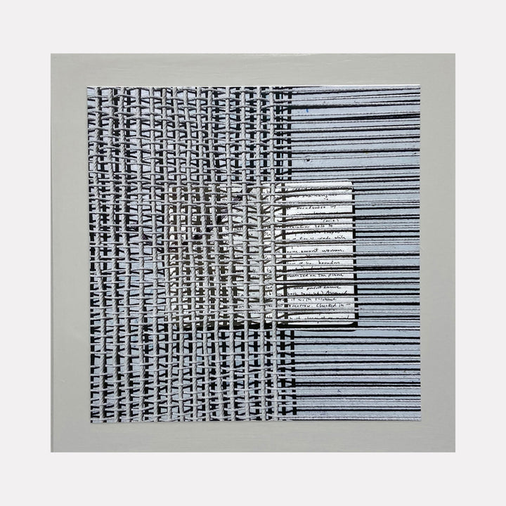 The artwork 'Sentence Structure String 5' by Anne Sherwood Pundyk features a striking monochromatic composition of parallel horizontal lines intersected by vertical text patterns. Black and white archival print displays a grid-like structure with systematic breaks, creating a rhythmic visual pattern. Small text blocks appear integrated within parallel striations, mounted on wood panel.
