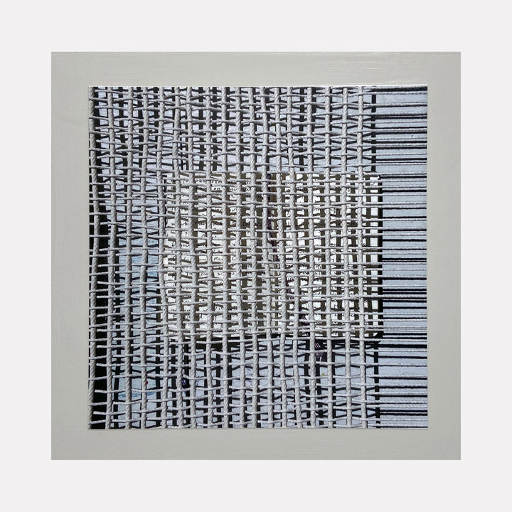 The artwork 'Sentence Structure String 7' by Anne Sherwood Pundyk features a grid-like pattern of black vertical and horizontal lines creating an abstract textural composition. The geometric design resembles a woven textile or barcode pattern on a light gray background, printed on bright paper and mounted on wood panel.